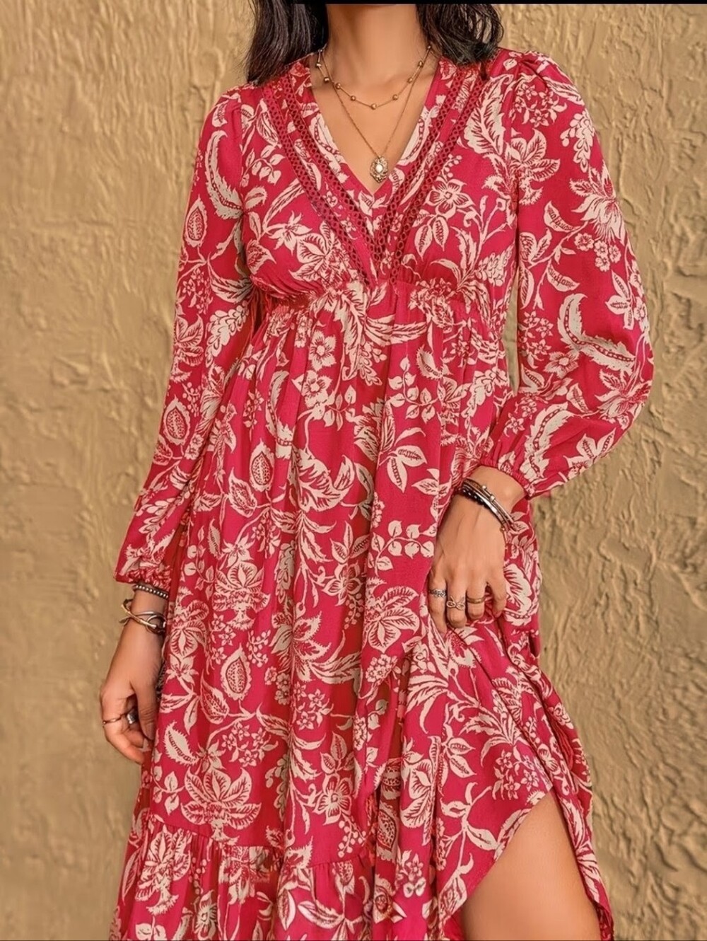 Floral V-Neck Long Sleeve Maxi Dress - Pink - Picture 9 of 11